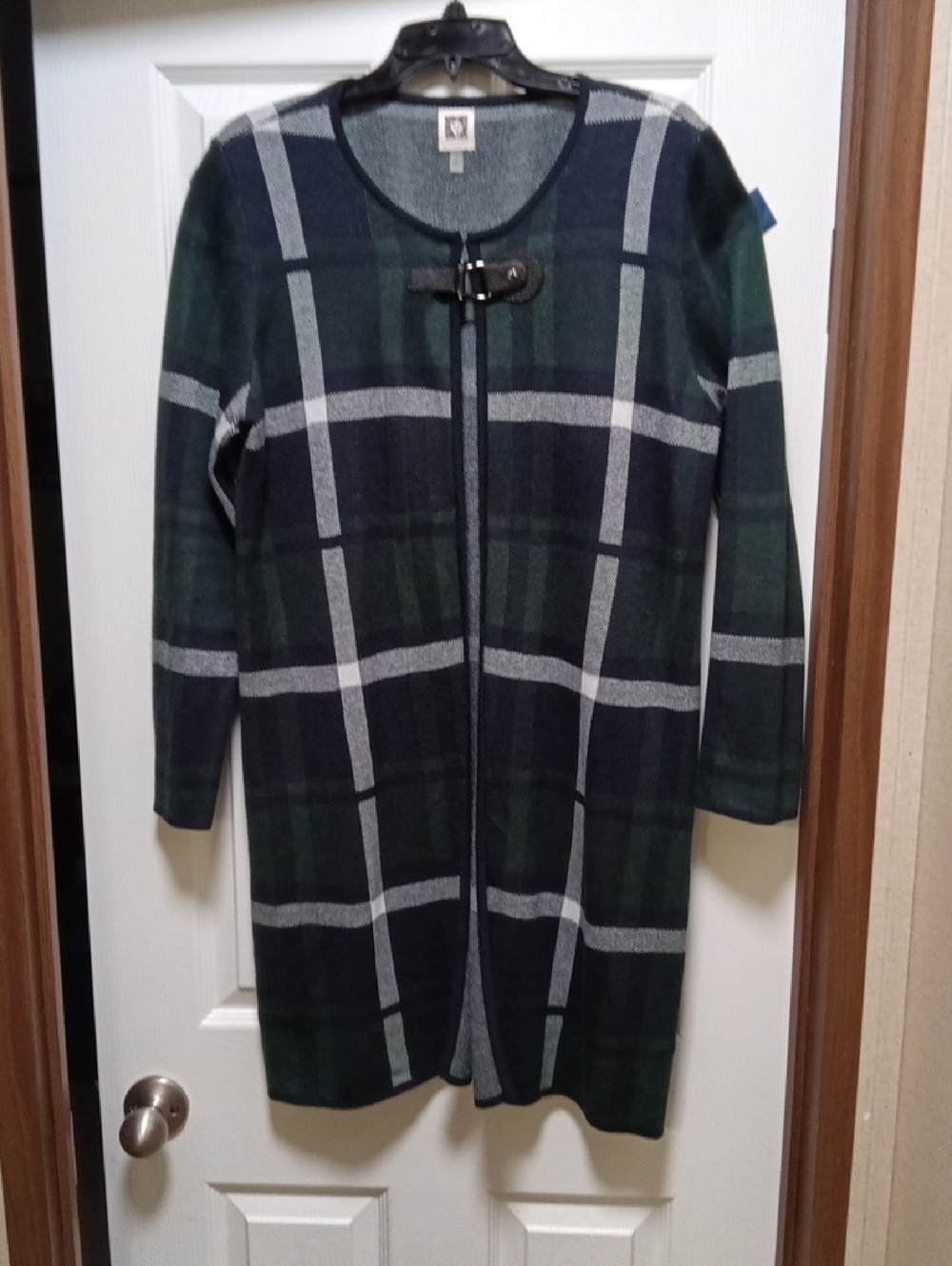 Anne Klein Navy & Forest Green Plaid Longline Cardigan with Buckle Size M
